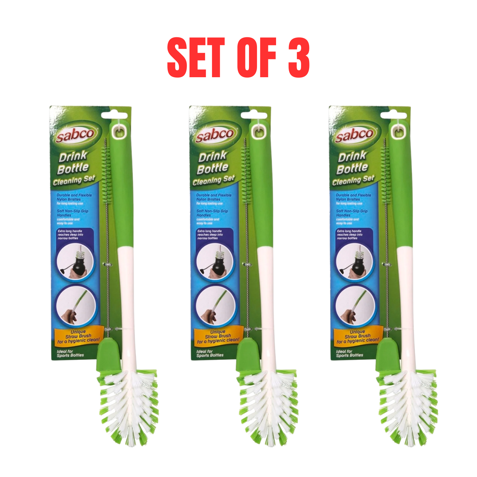 3 x Sabco Drink Bottle Cleaning Brush Set for Bottles Jars Feeding Container NEW