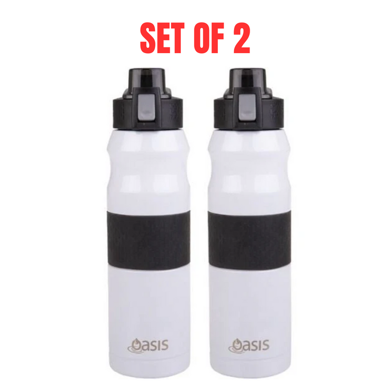 2 x Oasis Insulated Sports Bottle Flip-Top Lid Double Wall Stainless Steel 600ml White