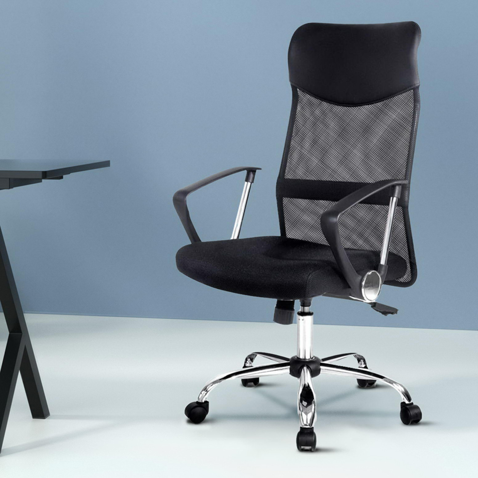 Office Chair PU Leather Mesh High Back Padded Headrest Gaming Swivel Seat, Black