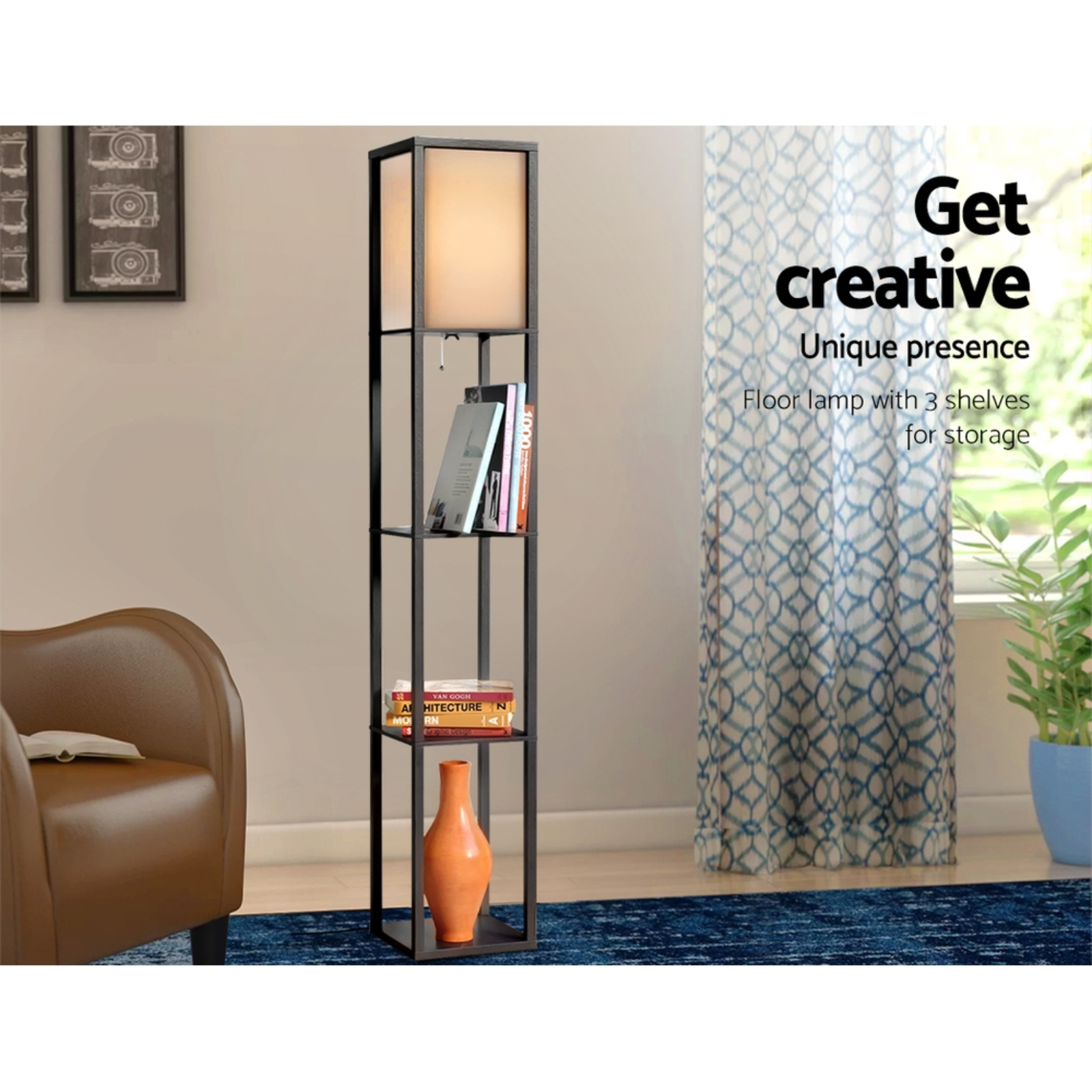 Floor Lamp Storage Shelf Shade Reading Vintage Wood Standing LED Light Bedroom