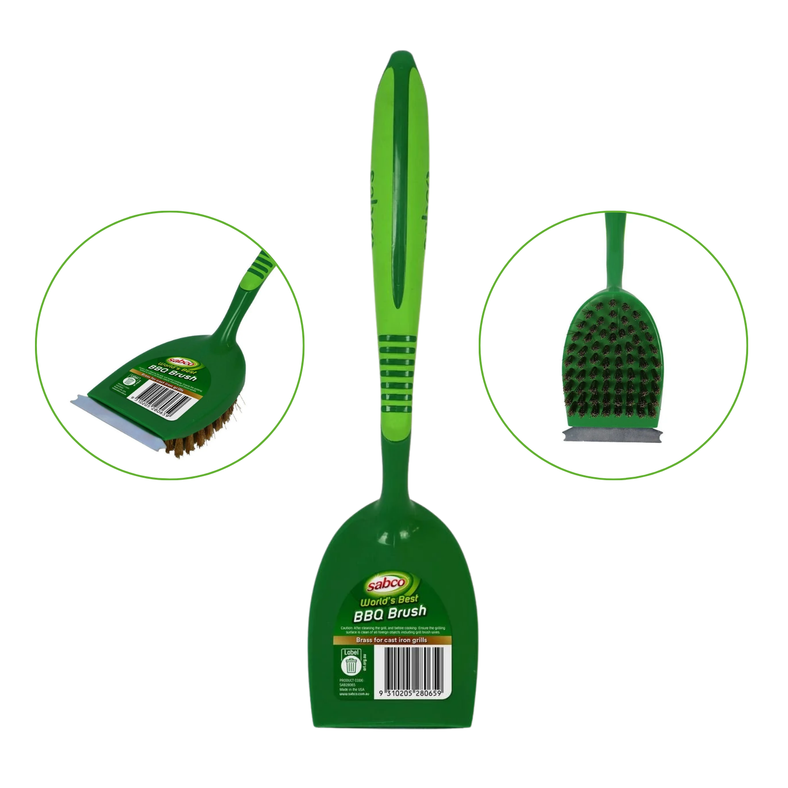 Sabco BBQ Grill Brush Steel Scraper Brass Fibers Rubber Handle with Hanger Hole