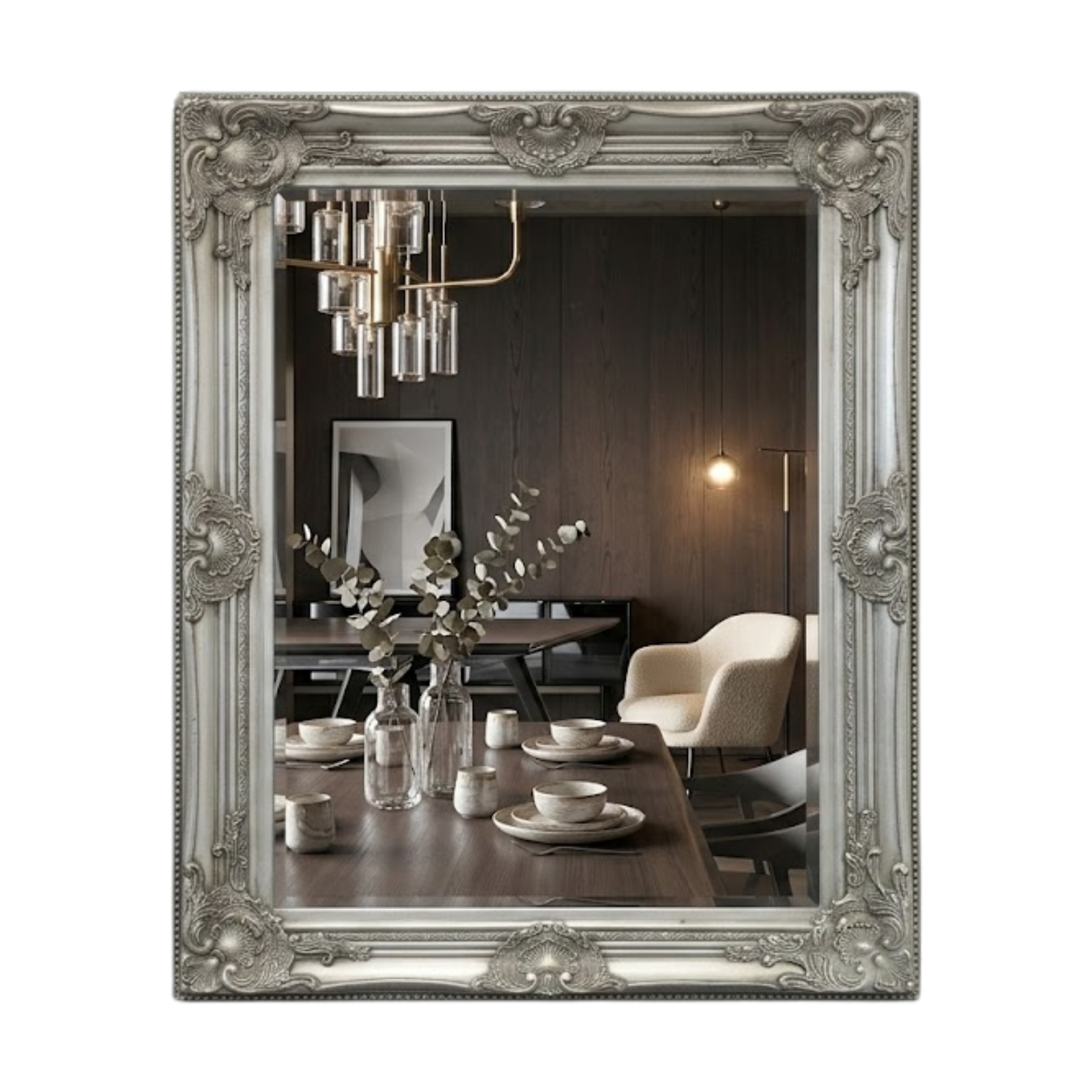 French Provincial Ornate Mirror - Antique Silver - Small 80cm x 110cm
