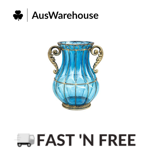 Soga Blue Colored European Glass Flower Vase With Two Metal Handles