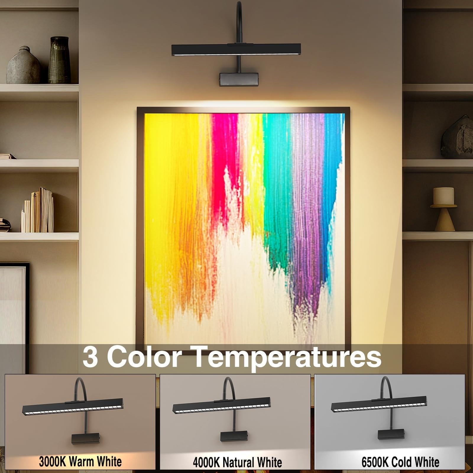 Picture Frame Light with Remote, Wireless 16 Inch Black Art Light, Battery Operated Picture Light with 3 CCT, Dimmable and Timer Wall Picture Lights for Painting, Wall, Gallery, Artwork, Frame