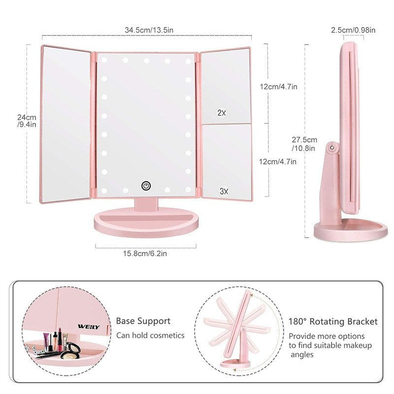 Pink 360° Rotating LED Tri-Fold Makeup Mirror – 22-Bulb Illuminated Vanity Mirror with 1X/2X/3X Magnification