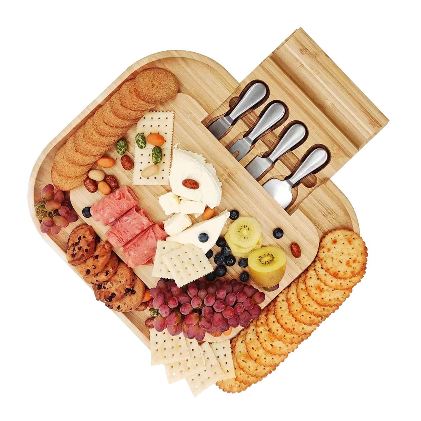 Carrara Bamboo Cheese Board with 4 Stainless Steel Tools – Elegant Platter Set