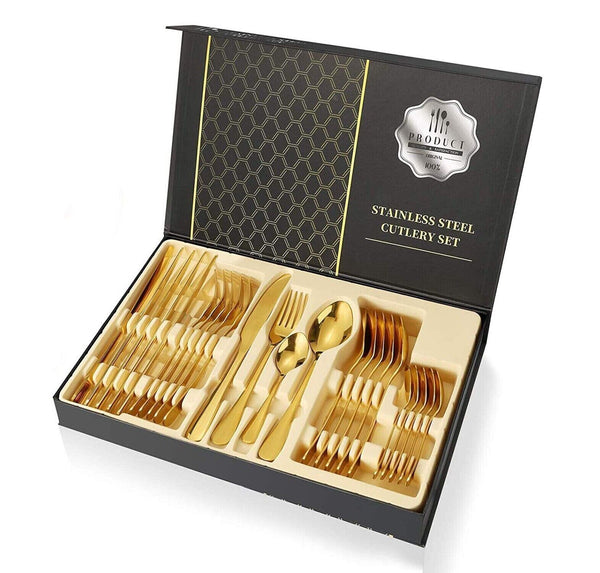 24-Piece Stainless Steel Gold Set, Knife Fork Spoon Flatware Set Cutlery Set, Mirror Finish