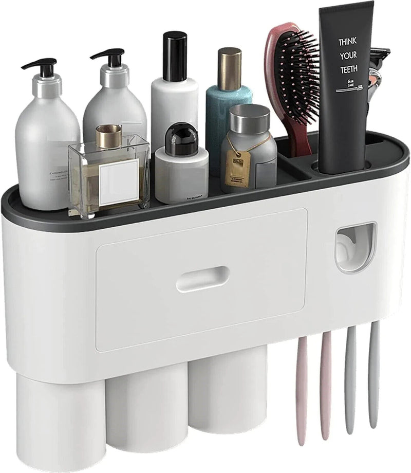 Automatic Wall Mounted Toothbrush Holder with Magnetic Cups Kids & Family Set for Bathroom (White and Black)