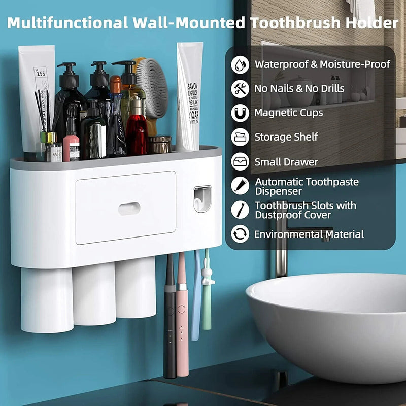 Automatic Wall Mounted Toothbrush Holder with Magnetic Cups Kids & Family Set for Bathroom (White and Black)