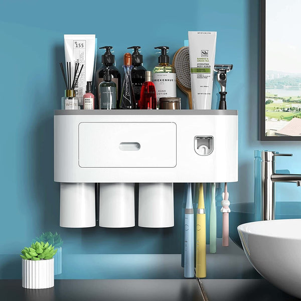 Automatic Wall Mounted Toothbrush Holder with Magnetic Cups Kids & Family Set for Bathroom (White and Black)