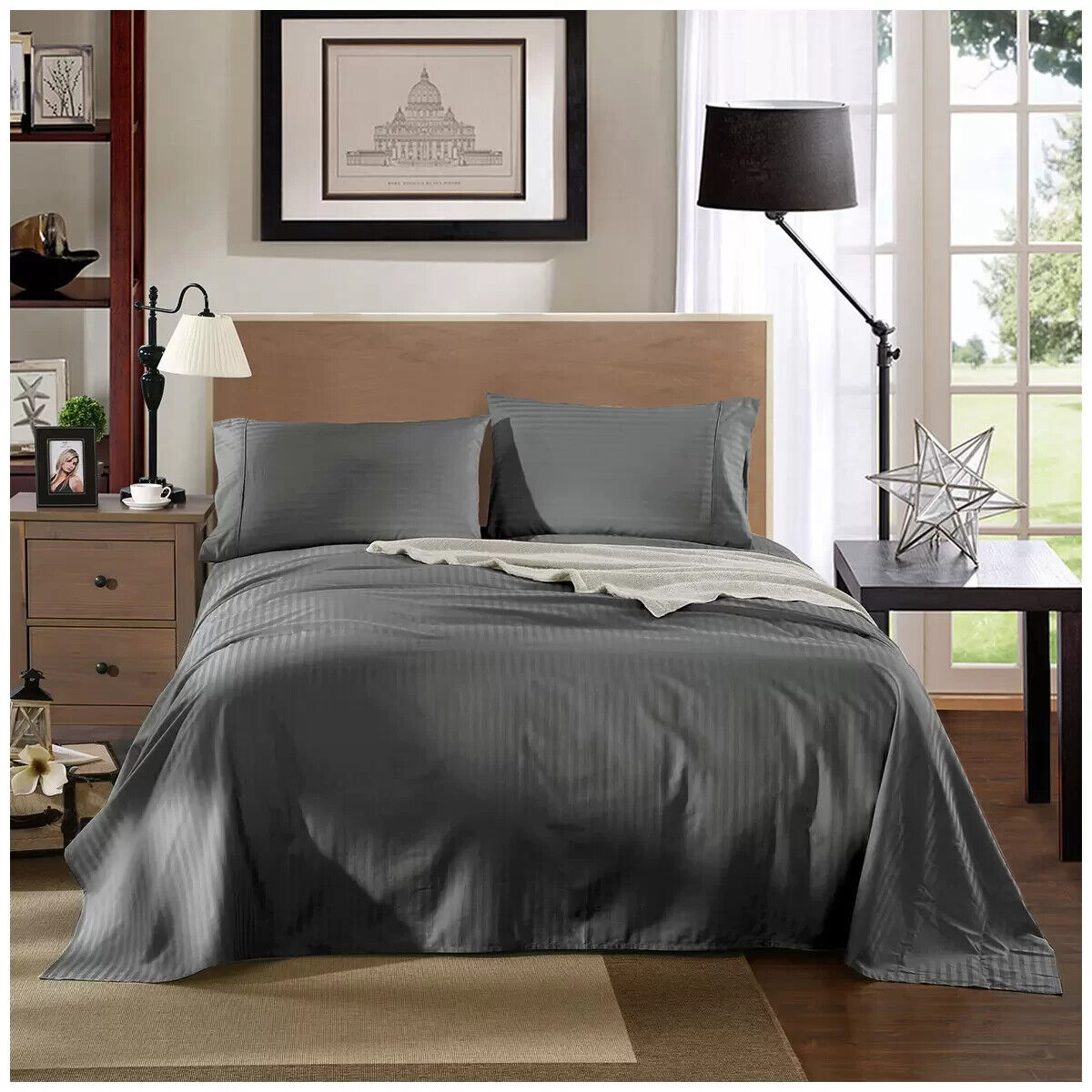 Kensington 1200TC Stripe Cotton Sheet Set Double Charcoal