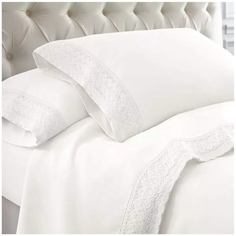 Kingtex 1500TC Crochet-lace Microfibre Sheet Set Queen White/White