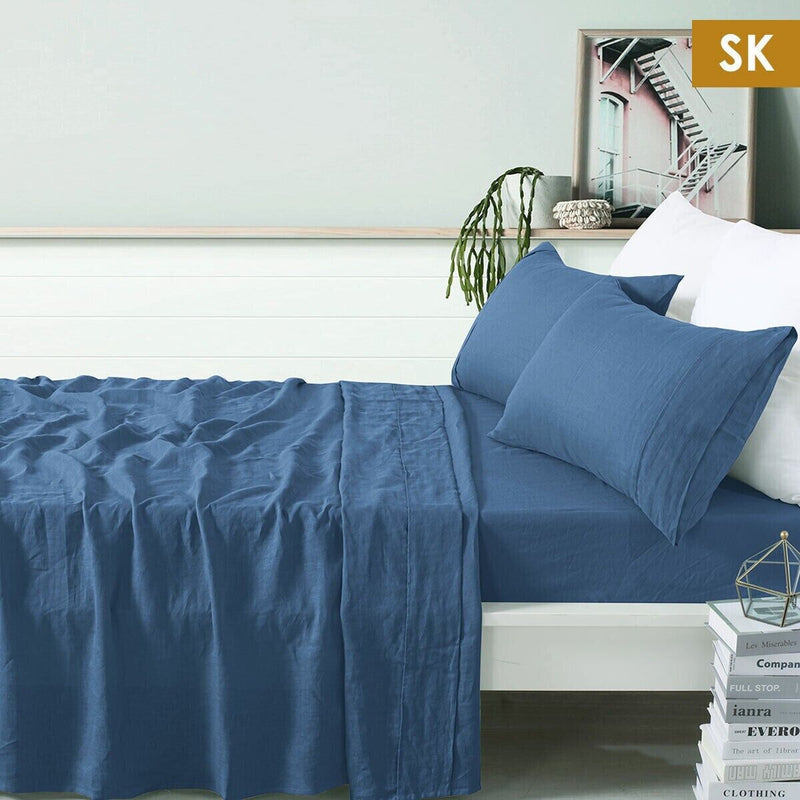 Vintage Design Homewares 100% Linen Brilliant Blue Sheet Set Super King