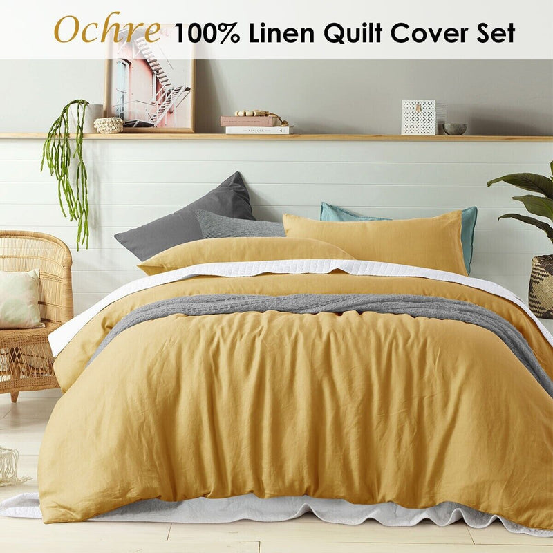 Vintage Design Homewares 100% Linen Ochre Quilt Cover Set Queen