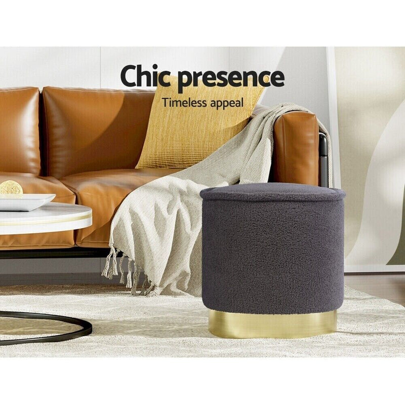 Artiss Ottoman Round Foot Stool Teddy Fabric Foot Rest Padded Seat Charcoal