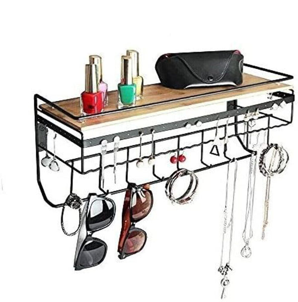 Wall Mount Hanging Jewelry Organizer with 9 Hooks (Black Metal)