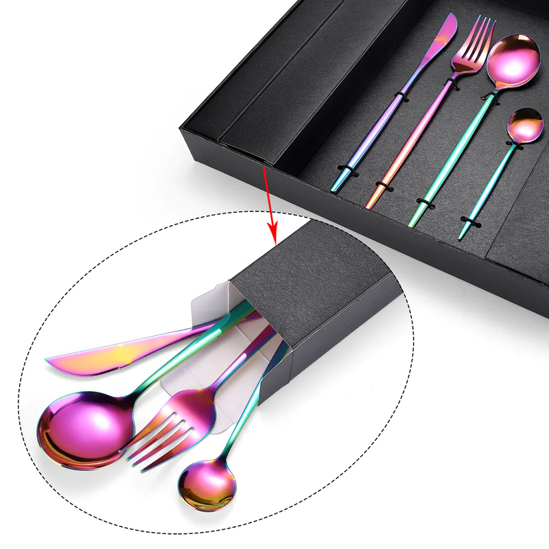 16-Piece Stainless Steel Rainbow Color Set, Knife Fork Spoon Flatware Set Cutlery Set