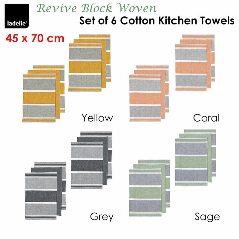 Ladelle Revive Block Woven Set of 6 Cotton Kitchen Towels Sage