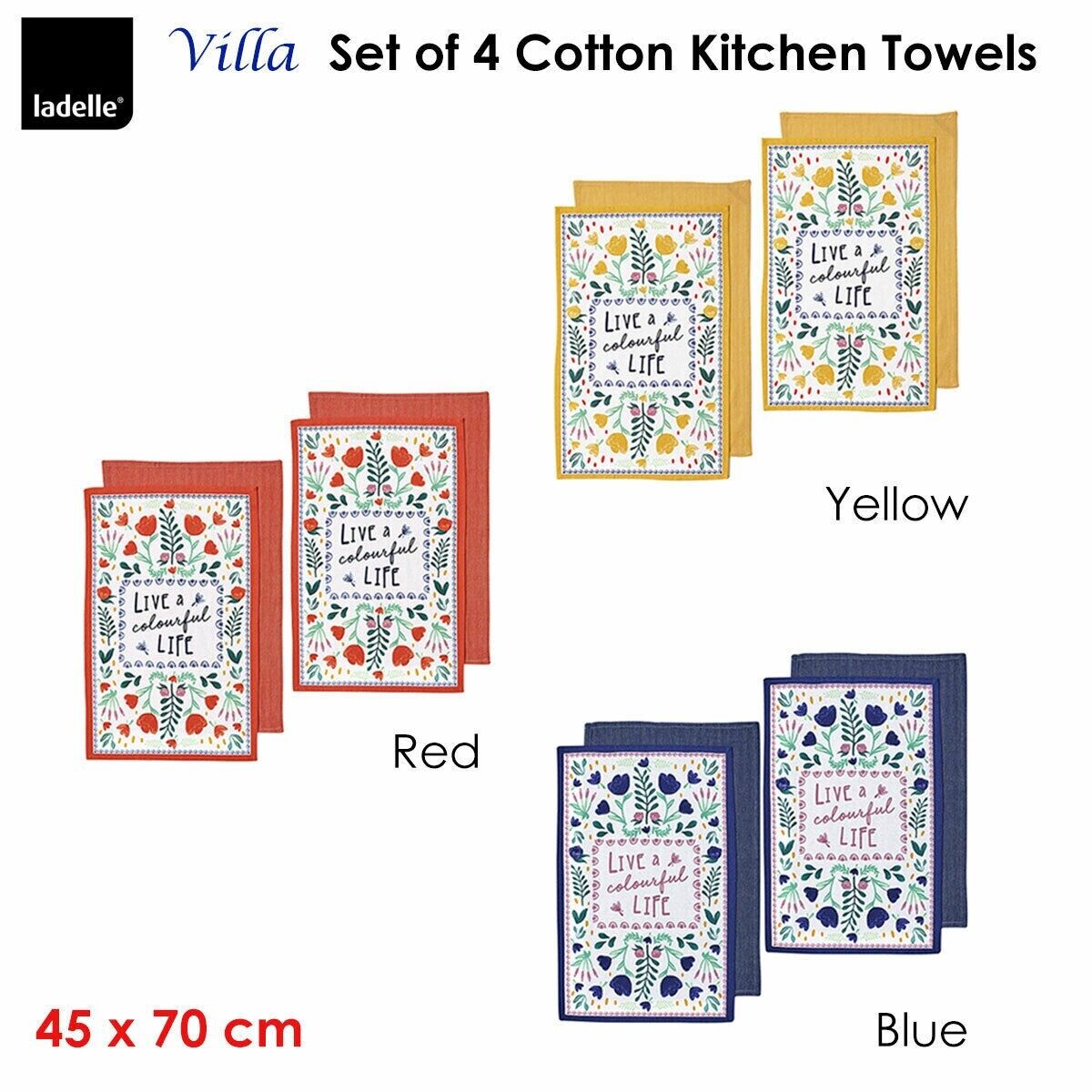 Ladelle Villa Set of 4 Cotton Kitchen Towels Blue