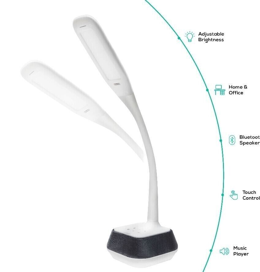 MBEAT actiVIVA LED Desk Lamp with Bluetooth Speaker - 12V 1.5A 5W/LED illumination Switches/Warm Cool Modes/Rubberized Flexible Neck/Touch Sensitive(
