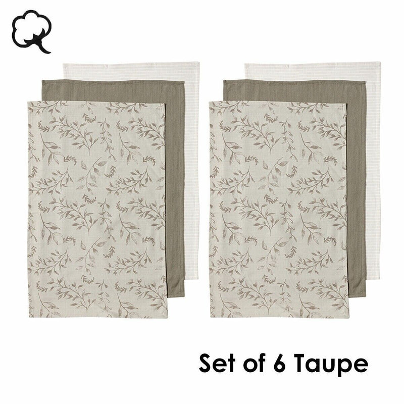 Ladelle Grown Ivy Set of 6 Cotton Kitchen Towels Taupe