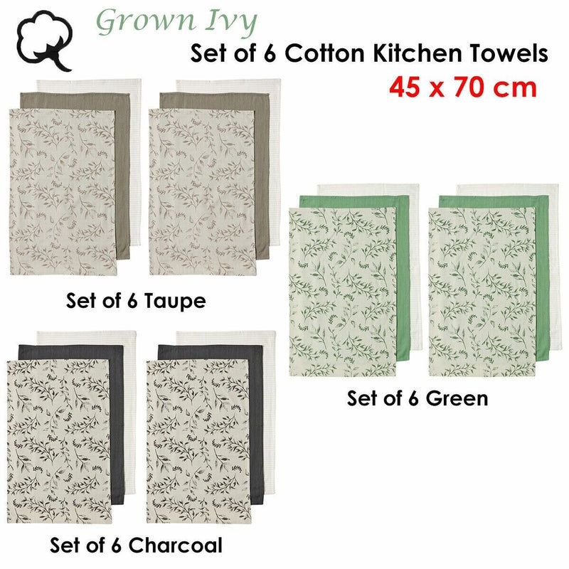 Ladelle Grown Ivy Set of 6 Cotton Kitchen Towels Taupe