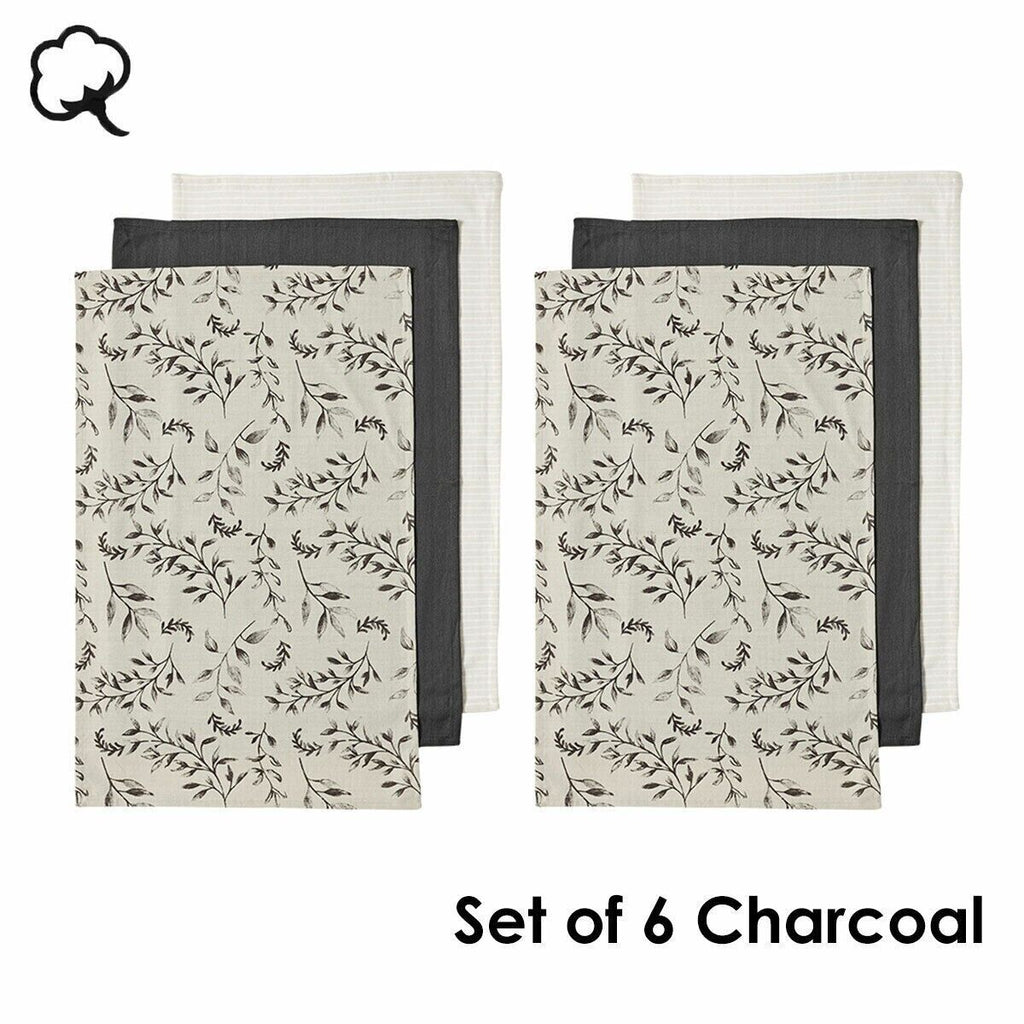 Ladelle Grown Ivy Set of 6 Cotton Kitchen Towels Charcoal