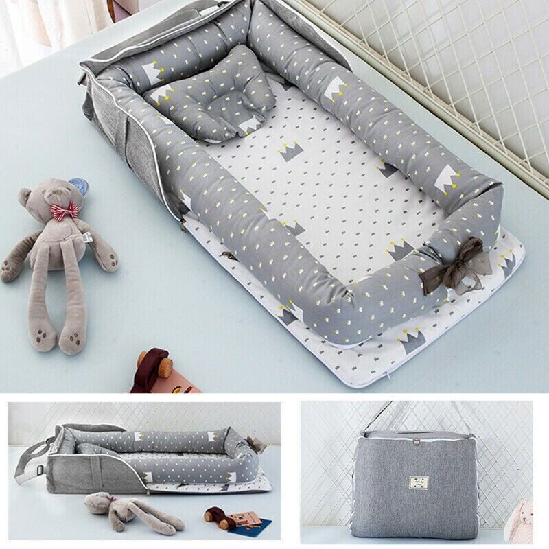 Portable Baby Nest Bed Pillow Bed Foldable Newborn Bassinet Lounger Cot Sleeping Grey Crown Pattern
