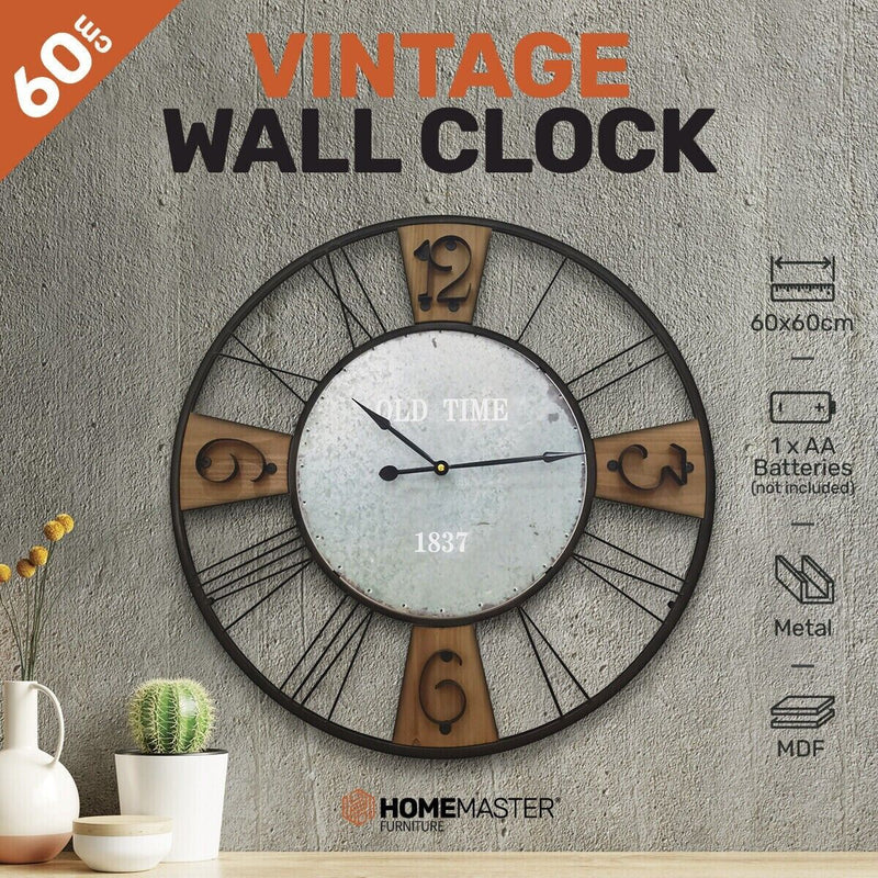 Home Master Wall Clock Large Vintage Design Stylish Metal Accents 60cm
