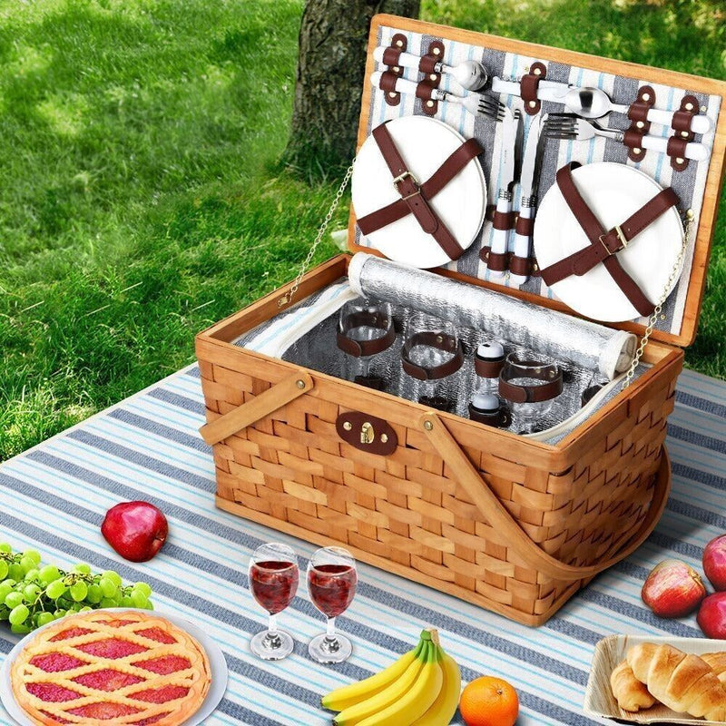 Alfresco Picnic Basket Set Wooden Cooler Bag 4 Person Outdoor Insulated Liquor