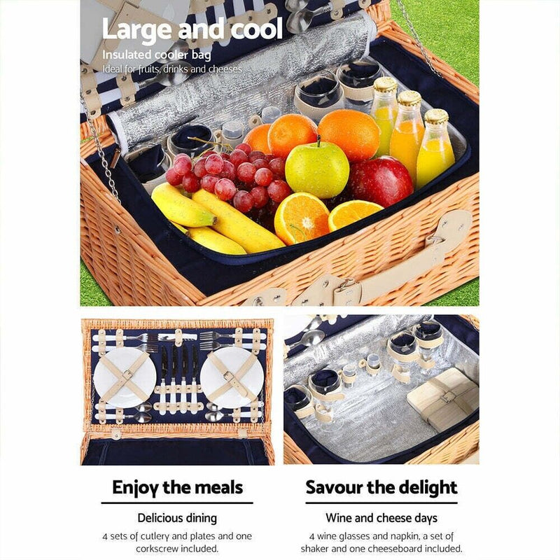 Alfresco 4 Person Picnic Basket Wicker Set Baskets Outdoor Insulated Blanket Nav