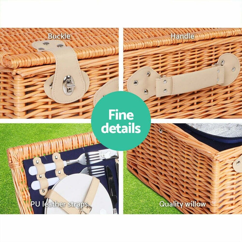 Alfresco 4 Person Picnic Basket Wicker Set Baskets Outdoor Insulated Blanket Nav