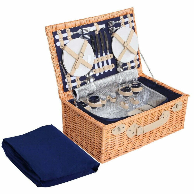 Alfresco 4 Person Picnic Basket Wicker Set Baskets Outdoor Insulated Blanket Nav