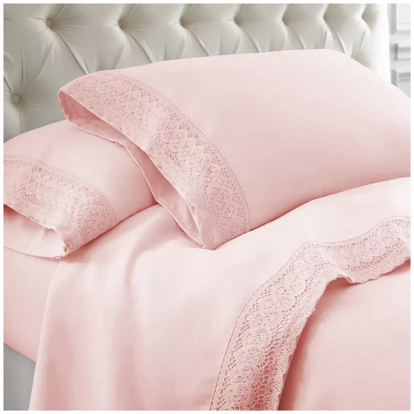 Kingtex 1500TC Crochet-lace Microfibre Sheet Set Double rose pink/ rose pink