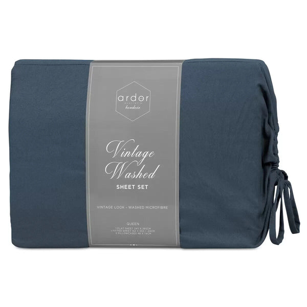 Ardor Boudoir Vintage Washed Sheet Set 4 Piece Queen Navy