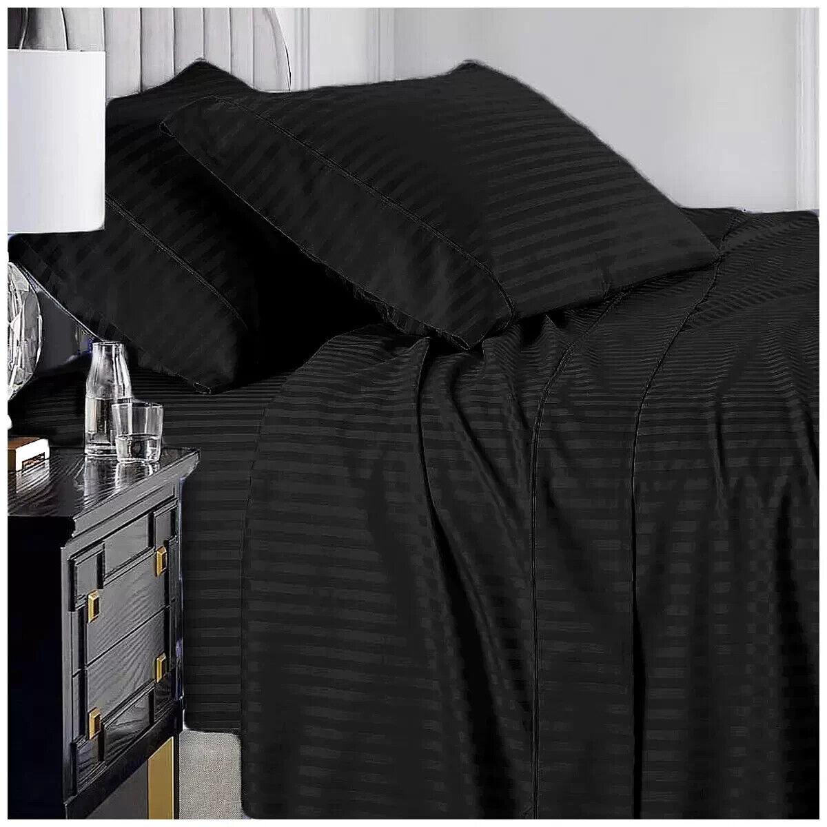 Ramesses 1000 TC Pima Cotton Narrow Stripe King Sheet Set Black