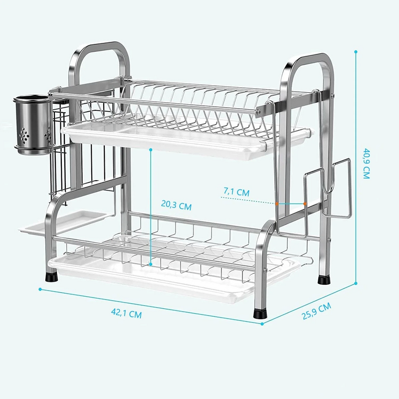 Stainless Steel 2-Tier Dish Drying Rack with Utensil Holder, Cutting Board Holder and Dish Drainer for Kitchen Counter (Silver)