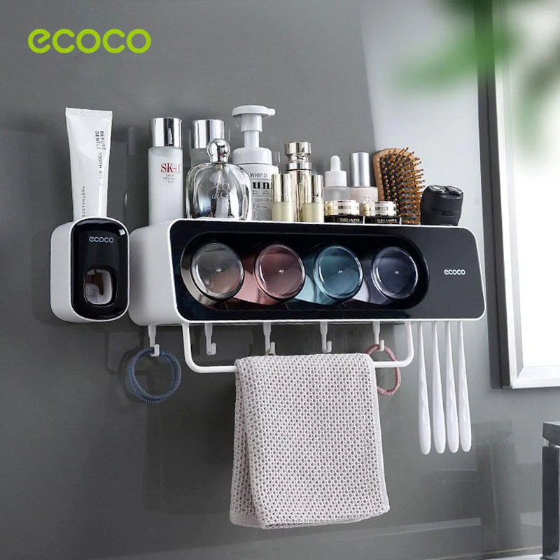 Ecoco Wall-Mounted Toothbrush Holder with 4 Cups and 4 Toothbrush Slots Toiletri