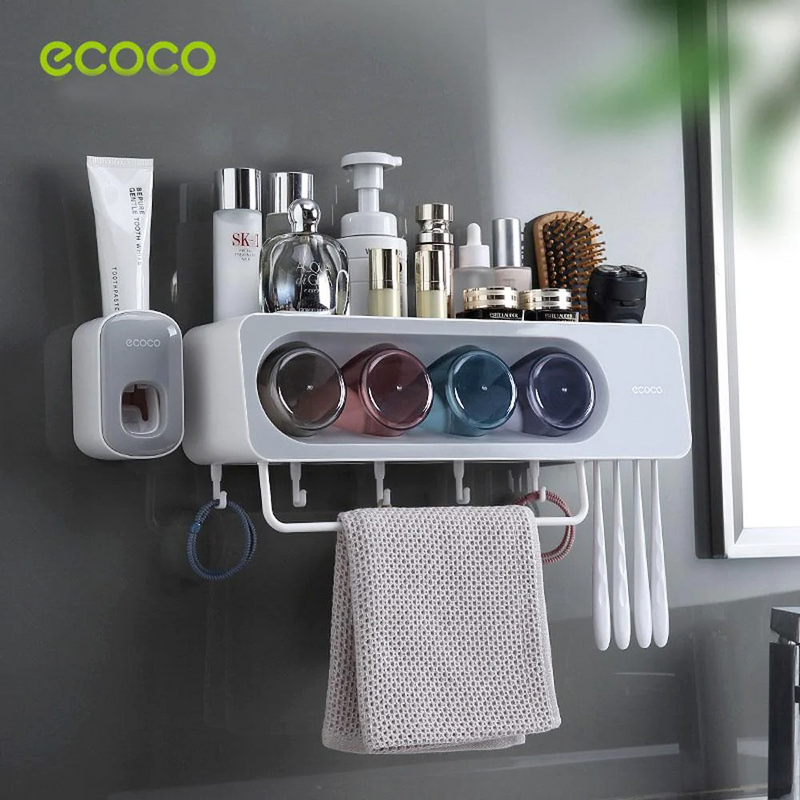 Ecoco Wall-Mounted Toothbrush Holder with 4 Cups and 4 Toothbrush Slots Toiletri