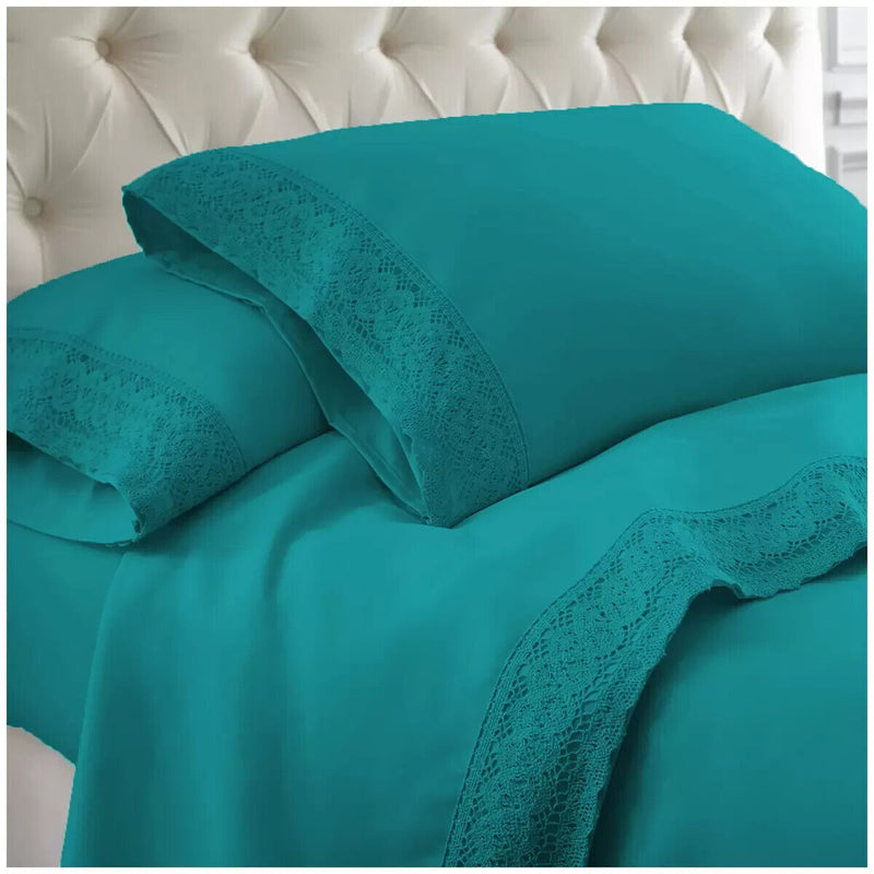 Kingtex 1500TC Crochet-lace Microfibre Sheet Set Single teal/teal