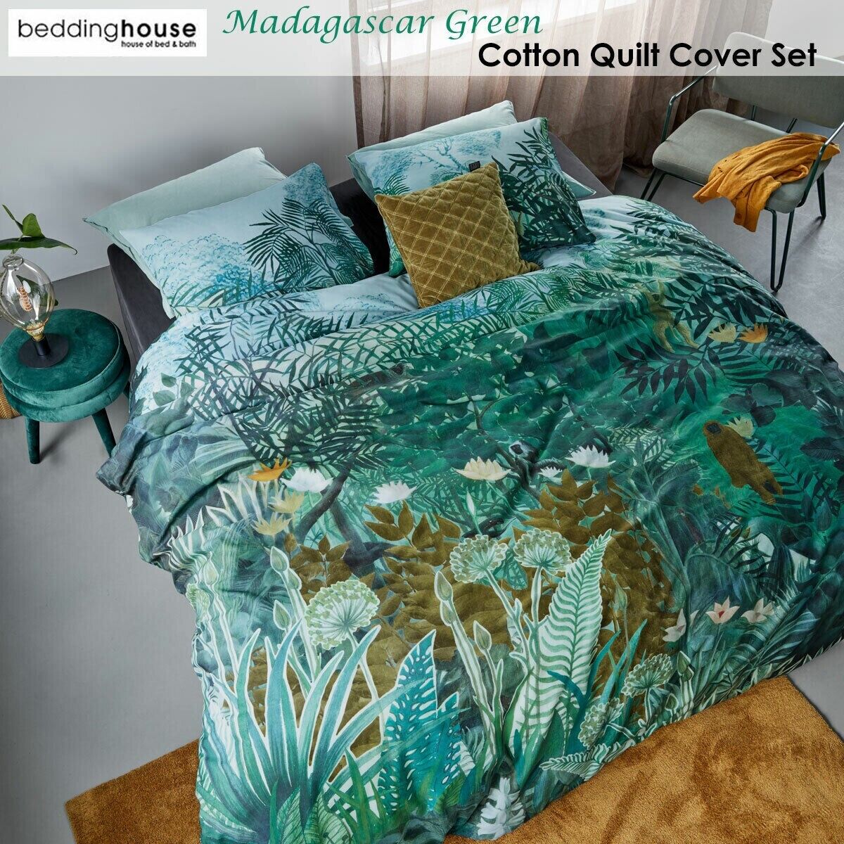 Bedding House Madagascar Green Cotton Quilt Cover Set Queen
