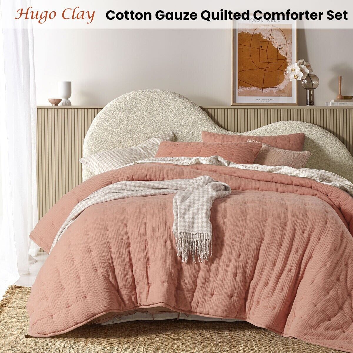 Vintage Design Homewares 3 Piece Hugo Cotton Gauze Quilted Comforter Set Clay Queen