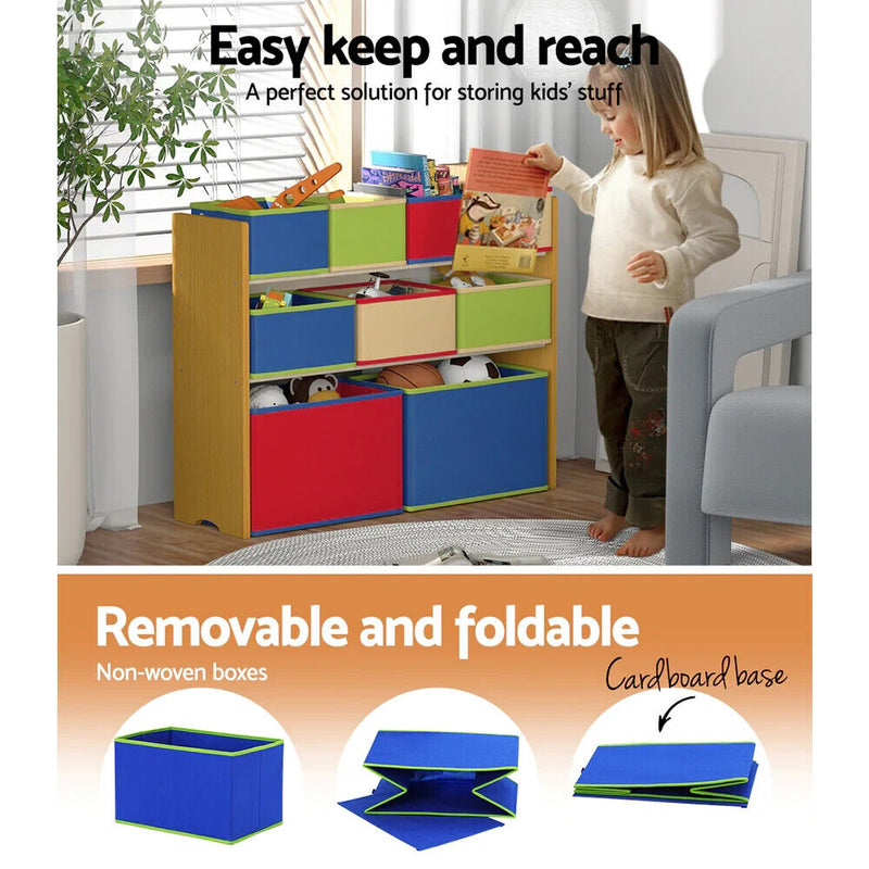 Keezi Kids Toy Box 9 Bins Storage Children Room Organiser Cabinet Display 3 Tier