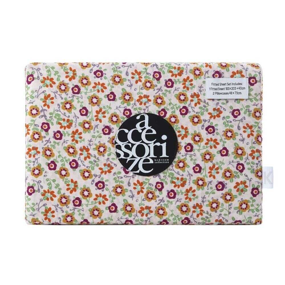 Accessorize Lisa Green Washed Cotton Printed Fitted Sheet Set King