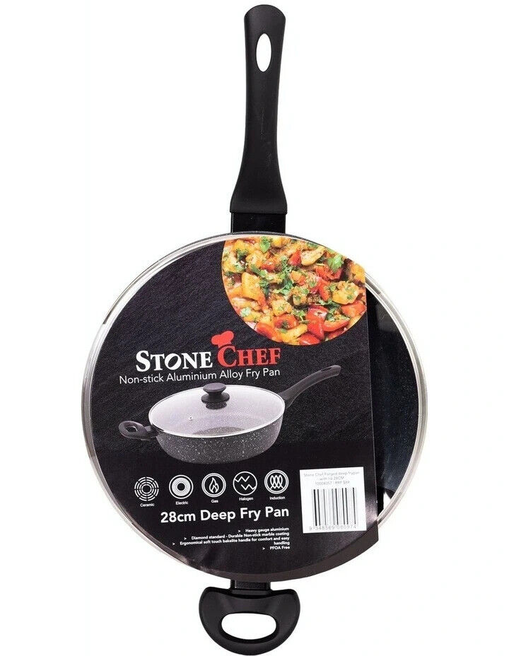 Stone Chef Forged Deep Frying Pan With Lid Cookware Kitchen Fry Pan Black 28cm