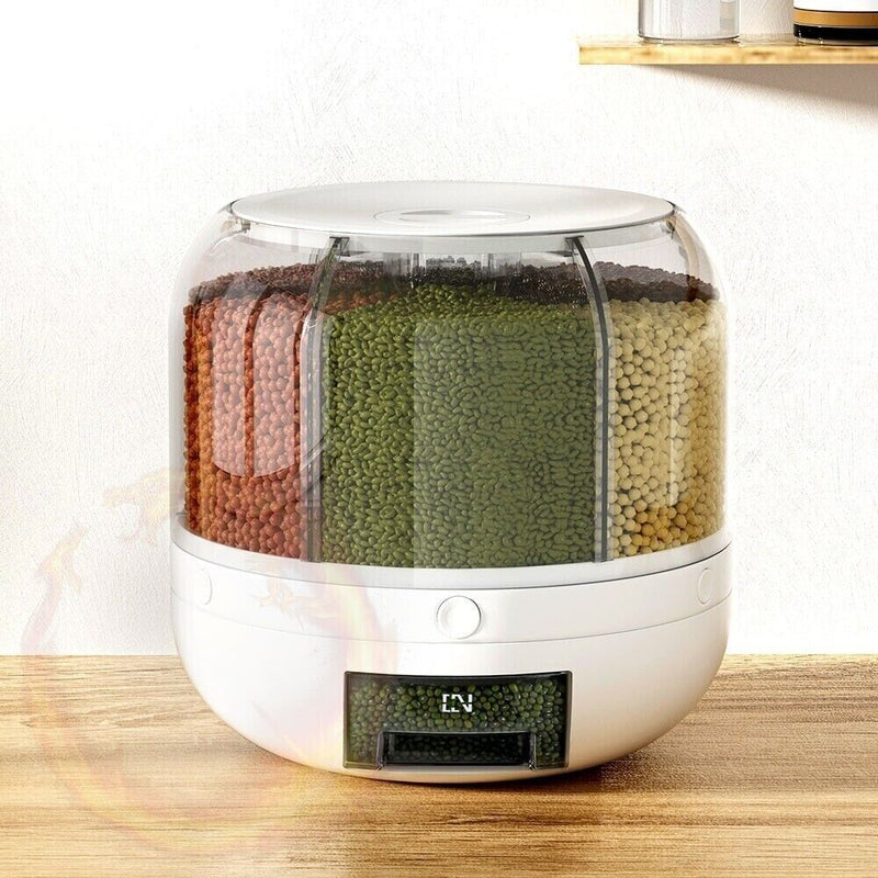 6-In-1 Cereal Dispenser Rotating Grain Container 10KG Rice Storage Dry Food Box