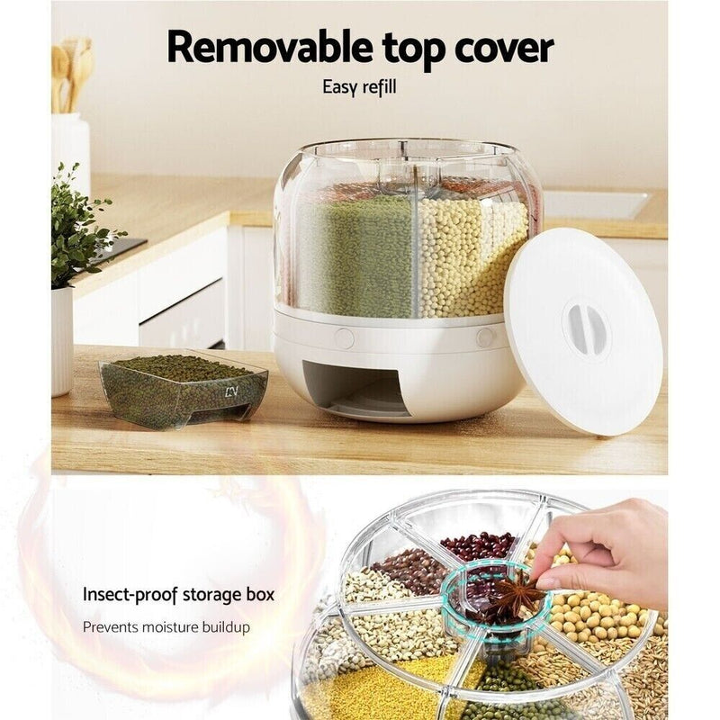 6-In-1 Cereal Dispenser Rotating Grain Container 10KG Rice Storage Dry Food Box