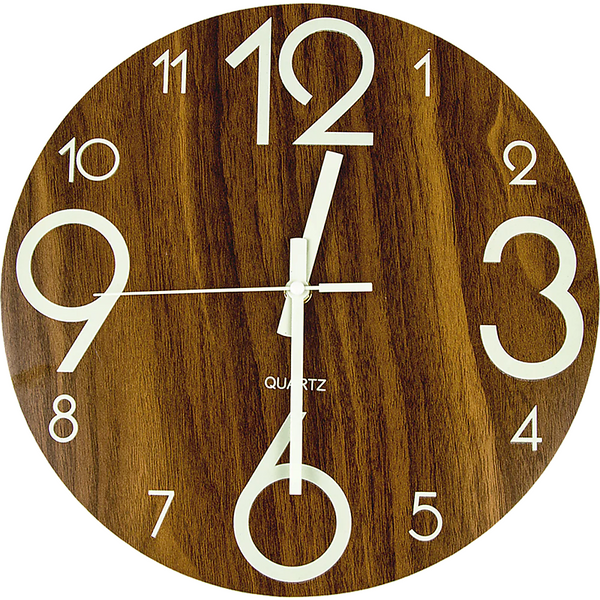 Glow In Dark Wall Clock Luminous Quartz Wooden Non Ticking Home Decor 12''/30cm