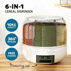 6-In-1 Cereal Dispenser Rotating Grain Container 10KG Rice Storage Dry Food Box