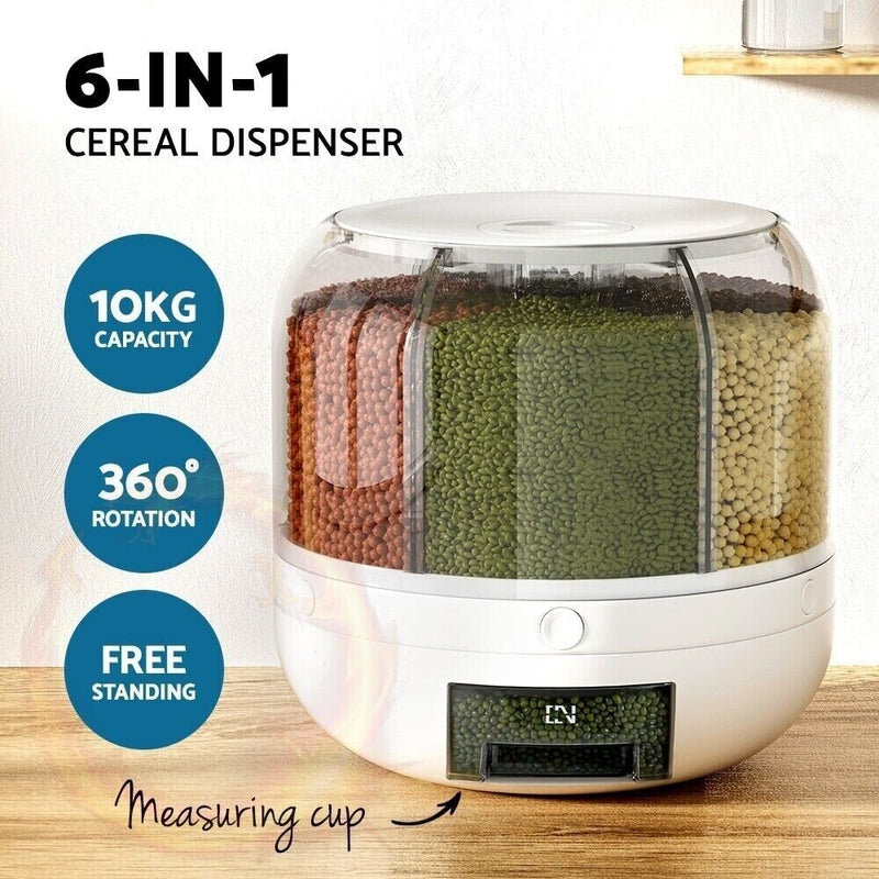 6-In-1 Cereal Dispenser Rotating Grain Container 10KG Rice Storage Dry Food Box